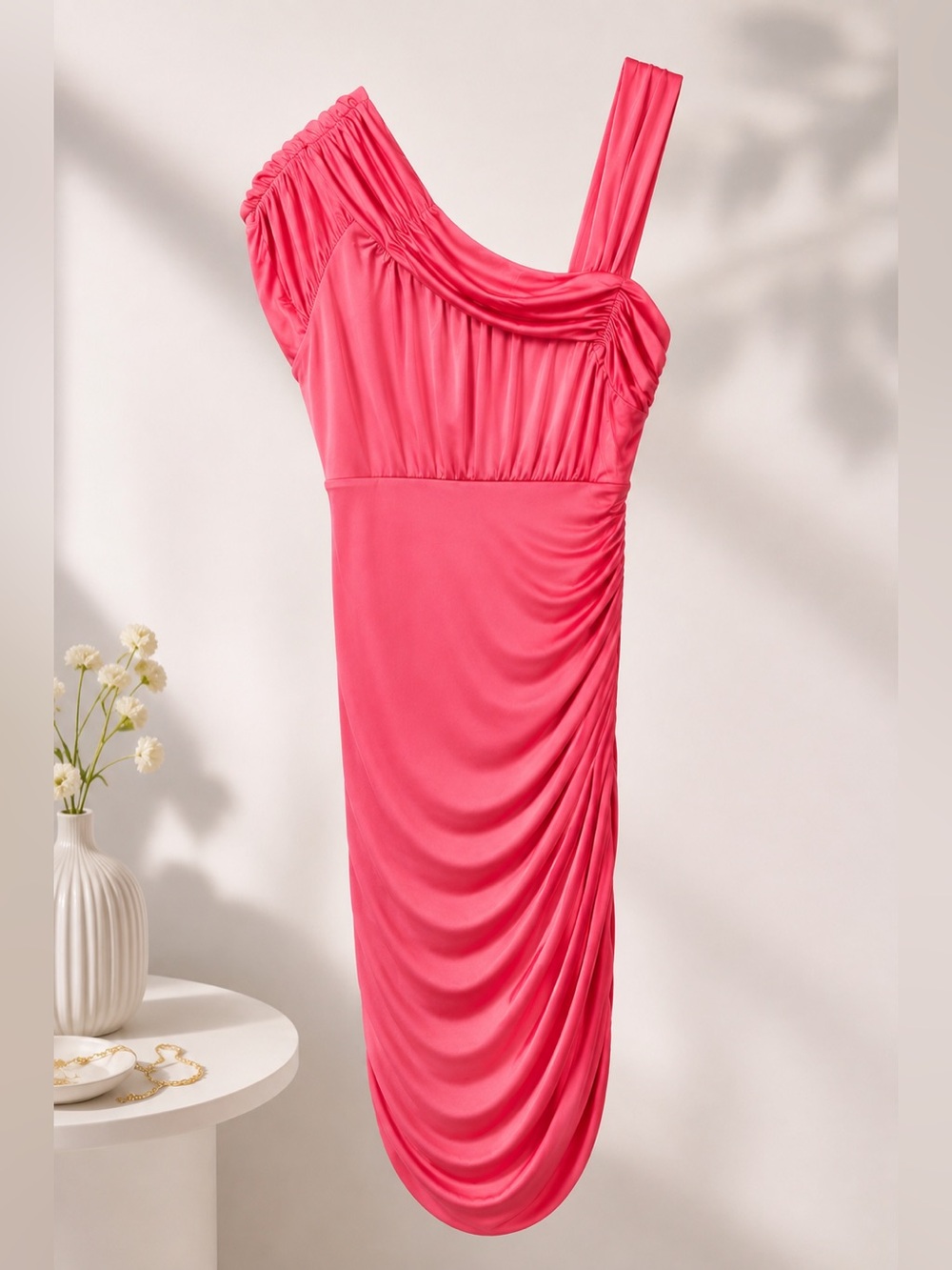 bebe Asymmetrical Ruched Dress in Coral Pink (rack)